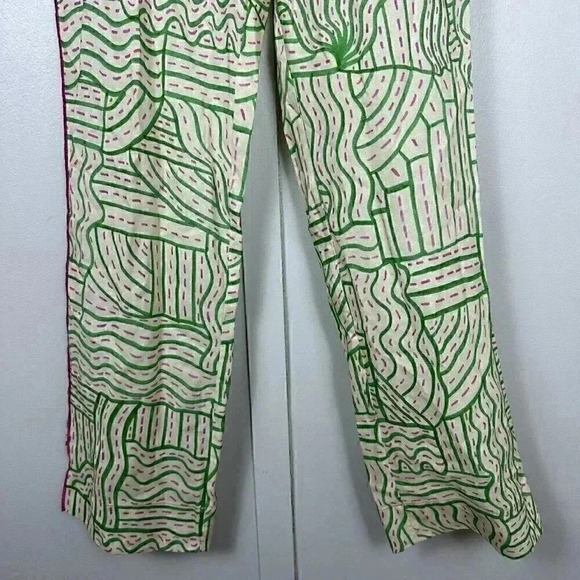 Zara Womens Pajama Pants Linen Blend Small S Ecru Pink Green Printed - Picture 3 of 7